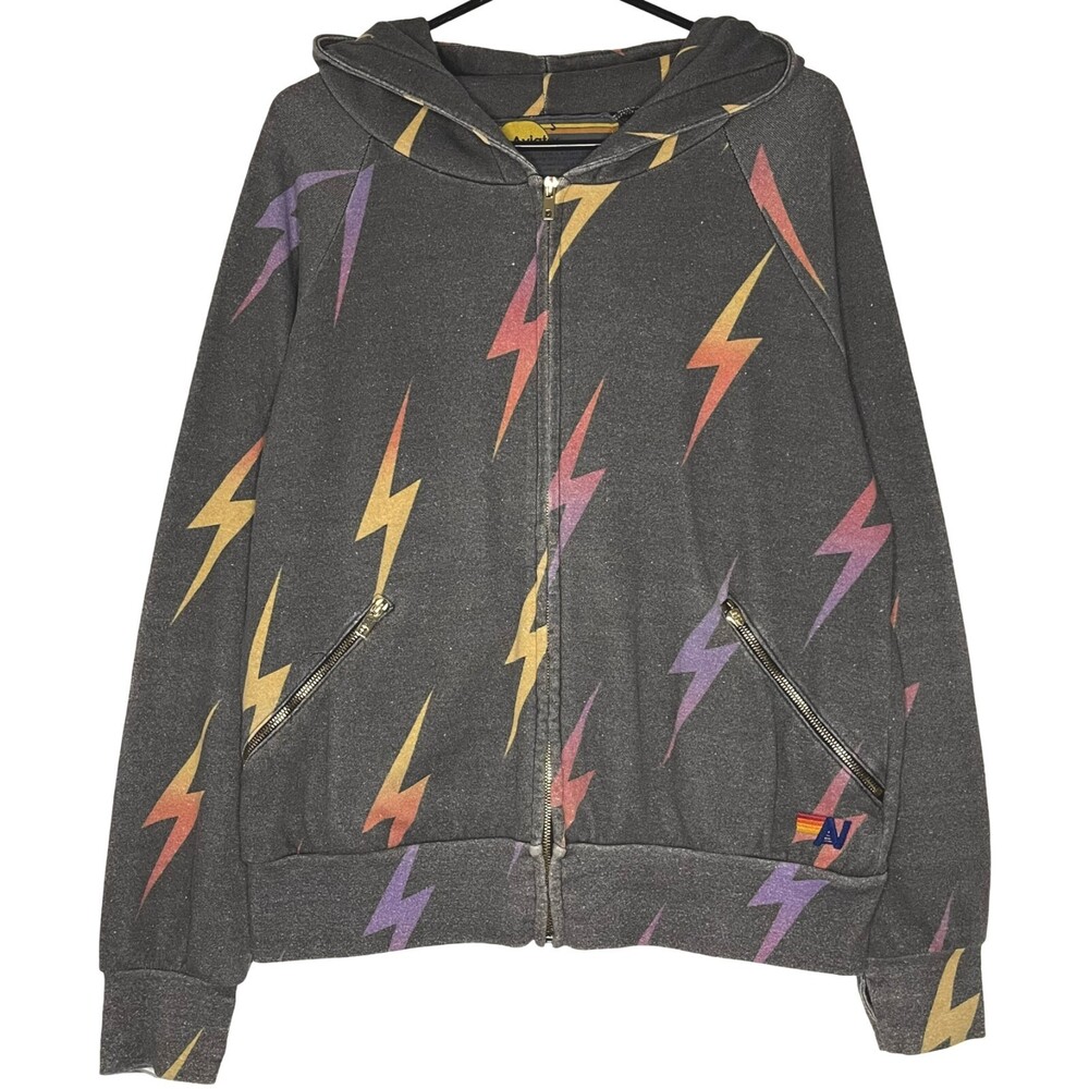 Aviator Nation Bolt Stitch Repeat Relaxed Zip Hoodie Women Small Gray Fleece USA